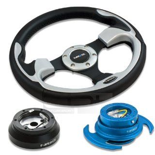 NRG Innovations 12.5" 320mm Black Leather Silver Trim Racing Steering Wheel Combo with 6 Hole Short Hub Adapter with Gen 3.0 with Handle New Blue Quick Release Kit SRK 140H: Automotive