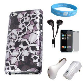Durable Skull Rubberized Hard Back Cover for Apple Ipod Touch 4th Generation + Mirror Screen Protector + USB Car Charger + USB Wall Charger + Black Handsfree + Wristband : MP3 Players & Accessories