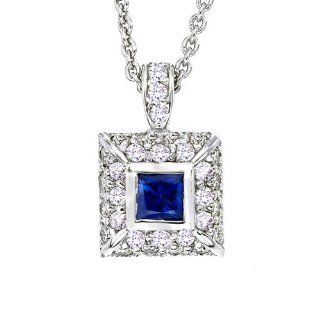 14k White gold Blue Sapphire and White diamonds pendant necklace: Jewelry