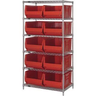 Quantum Storage Systems WR6 954RD 6 Tier Complete Wire Shelving System with 10 QUS954 Red Hulk Bins, Chrome Finish, 24" Width x 36" Length x 74" Height: Industrial & Scientific