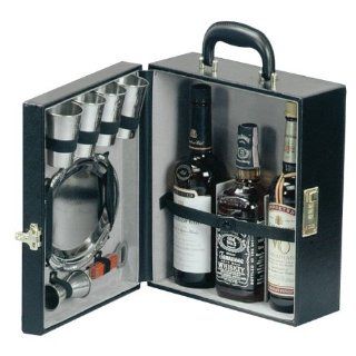 TRAV L BAR Black Vinyl 3 Bottle Travel Bar with Serving Tray: Alcohol And Spirits Flasks: Kitchen & Dining