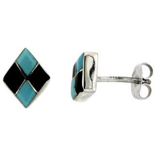 Sterling Silver Handcrafted Blue Turquoise Diamond shaped Stud Earrings (Genuine Zuni Tribe American Indian Jewelry) 3/8 in. (10mm) tall Jewelry