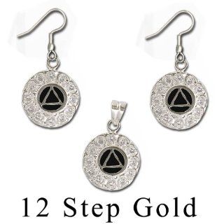 Alcoholics Anonymous AA Jewelry, #1218, Black Enamel Inlay with 12 CZ's, One for Each Step: Gold Sobriety Jewelry: Jewelry