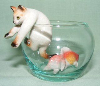 CAT SIAMESE climbs out of Fish Bowl w Goldfish New 3 Seperate Figurines MINIATURE Porcelain KLIMA L992C   Collectible Figurines