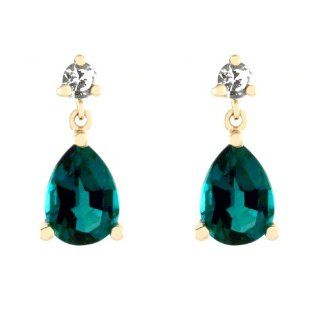 10k Yellow Gold Pear Shaped Created Emerald and Created White Sapphire Dangle Earrings: Jewelry