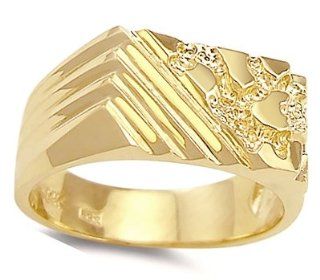 Men's Nugget Ring 14k Yellow Gold Striped Band Jewel Tie Jewelry