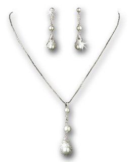 Silver Tone Diamond White Simulated Pearl Rhinestone Necklace Earrings Bridal: Jewelry