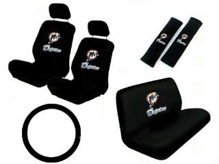 11 Piece NFL Auto Interior Gift Set   Miami Dolphins   A Set of 2 Seat Covers, 1 Rear Bench Cover, 1 Steering Wheel, and A Set of 2 Seat Belt Pads Automotive
