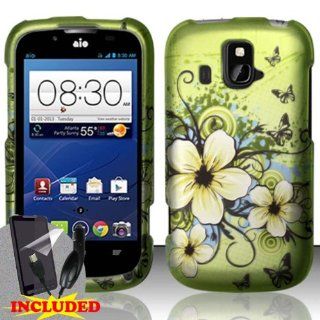 ZTE Overture Z995 (AIO Wireless) 2 Piece Snap On Rubberized Image Case Cover, White Hawaiian Flower Design Blue/Black Swirls Green Cover + SCREEN PROTECTOR & CAR CHARGER: Cell Phones & Accessories
