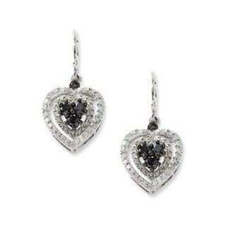 White Night Silver and Diamonds Collection   Sterling Silver Black and White Diamond Heart Shaped Dangle Earrings 1 Carat in Gift Box: Jewelry