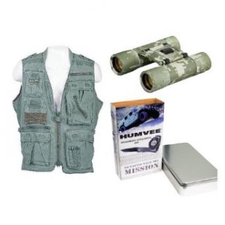 Humvee Safari Vest + Binocular + Sportsmans Watch & Knife Combo: Sweater Vests: Clothing