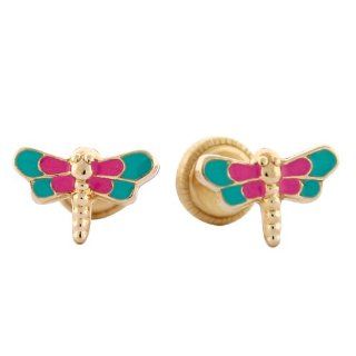 14k Yellow Gold Pink and Green Enamel Firefly Baby Earrings Jewelry