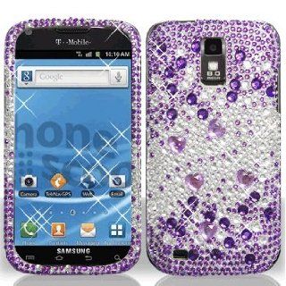 Samsung Galaxy S2 S 2 SII S II Hercules T989 T 989 Cell Phone Full Crystals Diamonds Bling Protective Case Cover Silver and Purple Mix Love Hearts Gemstones Design Cell Phones & Accessories