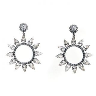 Kenneth Jay Lane Silver gunmetal Swarovski crystals circle drop earrings for pierced ears (3"L, Silver Gunmetal/Crystals): Clothing