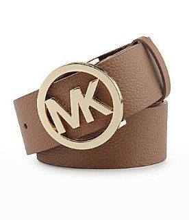 Michael Kors Mk Logo Tan Brown Luggage Synthetic Leather Gold Buckle Womens Belt Size Small: Sports & Outdoors