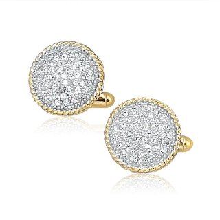Men's Sterling Silver Two Tone Yellow Gold Tone Pave White CZs Rope Border Round Cufflinks: Jewelry