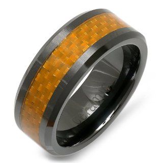 Black Ceramic Men's Ladies Unisex Ring Wedding Band 8MM Flat Polished Shiny Beveled Edge Yellow Carbon Fiber Inlay Comfort Fit (Available in Sizes 8 to 12): Jewelry