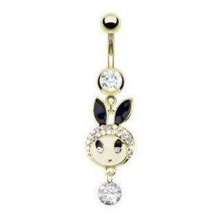 Gold IP Over 316L Surgical Steel Belly Navel Ring with Multi Paved Cz Toki Bunny Dangle: Jewelry