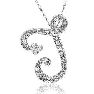 14k White Gold Alphabet Initial Letter T Diamond Pendant Necklace (HI, SI3 I1, 0.12carat) Diamond Delight Jewelry