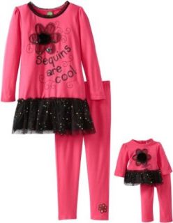 Dollie & Me Girls Knit Long Sleeve Sequins Are Cool Dress Over Solid Legging and Matching Doll Garnt, Pink/Black, 7: Clothing
