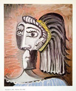 1965 Print Pablo Picasso Portrait Woman Yellow Headband Distorted Face Red Art   Orig. Tipped In Print  