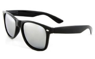 Glossy Black Wayfarer Sunglasses Mirror Lens 80s Retro Vintage Fashion Shades: Clothing