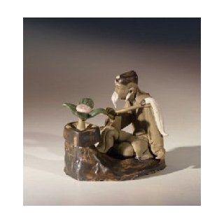 Bonsai Boy's Man Sitting on a Rock with Bonsai Tree Miniature Ceramic Mud Figurine : Bonsai Plants : Patio, Lawn & Garden