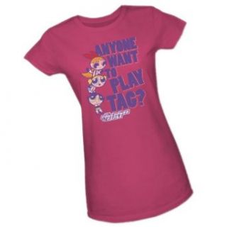 "Anyone Want To Play Tag?"    The Powerpuff Girls    Cartoon Network Crop Sleeve Fitted Juniors T Shirt, Small: Clothing