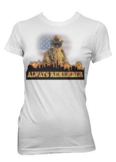Always Remember NYC Firefighter Women's T shirt, 9 11 FireFighter and City Skyline Womens Shirt: Clothing