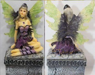 Rock Metal Fantasy Fairy Gothic Fairy in Purple Dress with Green Wings Sits on top of Small Resin Box. Sexy Beautiful Fairy!Magical Mystical Engagement ring Box for the Alternative Couple!Fairy on top of Box is approximately 5.5 inches long & arrives i