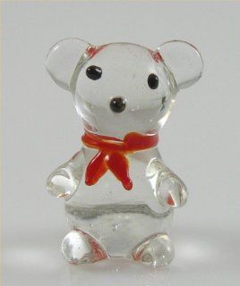 Teddy Bear Glass Miniature Figurine, Clear w/ Red Bow Tie Approximately 1 Inch Tall   Collectible Figurines