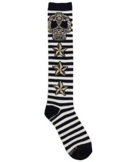 Loungefly Navy Blue Sugar Skull Striped Fashion Knee High Socks: Clothing