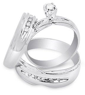 10K White Gold Diamond Mens and Ladies Couple His & Hers Trio 3 Three Ring Bridal Matching Engagement Wedding Ring Band Set   Solitaire Setting w/ Channel Set Round Diamonds   (.18 cttw)   SEE "PRODUCT DESCRIPTION" TO CHOOSE BOTH SIZES: Sonia
