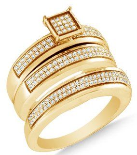 Yellow Gold Plated 925 Sterling Silver Two Rows Micro Pave Set Round Brilliant Cut Diamond Mens and Ladies Couple His & Hers Trio 3 Three Ring Bridal Matching Engagement Ring Wedding Band Set   Square Princess Shape Center Setting   (.48 cttw.)   SEE &