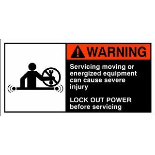 Brady 96163 Self Sticking Polyester Cema Safety Label , Orange/White On Black,  2 1/2" Height x 5" Width,  Legend "Servicing Moving Or Energized Equipment Can Cause Severe Injury Lock Out Power Before Servicing (W/Picto)" (5 Labels per 