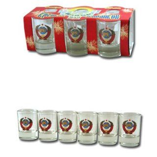 RUSSIAN SHOT GLASS SET/USSR NATIONAL EMBLEM [Made in Russia. Material glass. Set includes 6 shot glasses with the Soviet Union's coat of arms. Size 2.6" (6.5 cm) tall; 50 gram capacity each] [These days it's hard to find a man who doesn'