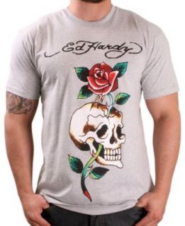 Ed Hardy Mens Rose Skull Tattoo Graphic Tee Shirt   Grey: Clothing