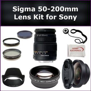 Sigma 50 200mm f/4 5.6 DC OS HSM High Performance Telephoto Zoom Lens Kit For Sony Alpha A580, A560, A700, A900 Digital SLR Cameras. Package Includes Sigma 50 200mm Lens, 0.45X Wide Angle Lens, 2X Telephoto Lens, Lens Cap, Lens Hood, Lens Cap Keeper, 3 Pi