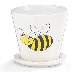 Honey Bee Planter with Smiling Bee Pattern Pottery with Saucer Attached : Bumble Bee Planter : Patio, Lawn & Garden