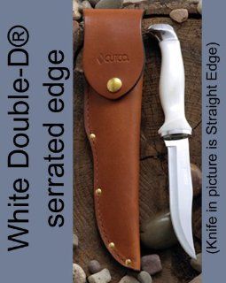 Model 1769 CUTCO Hunting Knives with leather sheaths. 5 3/8" Double D serrated OR Straight Edge blades. Available with either Classic Dark Brown OR White (Pearl) handlesSee availability/order page to select the blade and handle of your choice.: Kitch