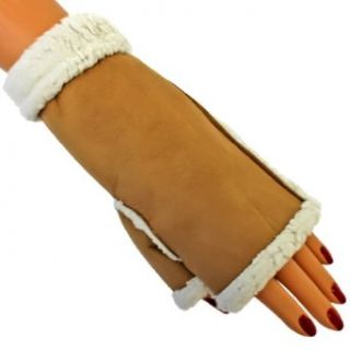 Luxury Divas Tan Fingerless Glove Arm Warmers With Faux Shearling Fur Trim