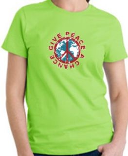 GIVE PEACE A CHANCE Ladies Adult T shirt   Lime Green: Clothing