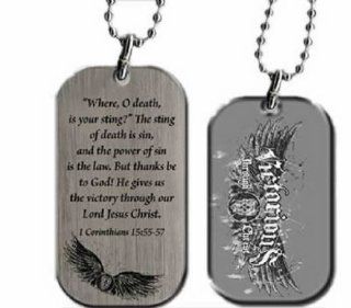 Christian Victorious Dog Tag Necklace   "Where, O Death, Is Your Sting? The Sting of Death Is Sin, and the Power of Sin Is the Law. But Thanks Be to God! He Gives Us the Victory Through Our Lord Jesus Christ" 1 Corinthians 15:55 57   1 1/2" 