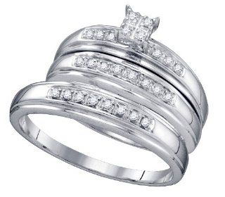 Stunning 3 Pc. White Gold Diamond Trio Wedding Set For Him and Her " Size 7 for Her and Size 10 For Him: Wedding Ring Sets: Jewelry