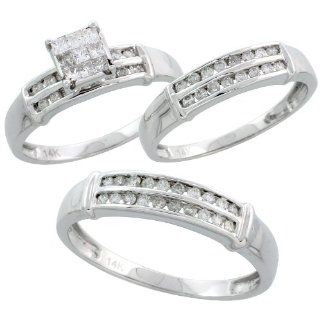 14k White Gold 3 Piece Trio His (4.5mm) & Hers (4mm; 6mm) Wedding Band Set, w/ 0.74 Carat Brilliant Cut & Invisible Set Diamonds; (Men's size 8.5 to 12.5); Ladies' size 8: Jewelry