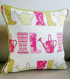 watering cans and wellies cushion cover by the nursery blind company