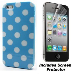 Blue White Polka Dots Cute Flex Gel Apple iPhone 4S 4 Cover Case w/ Screen Protector: Cell Phones & Accessories