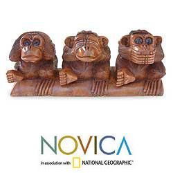 Suar Wood 'Three Monkeys' Sculpture (Indonesia) Novica Statues & Sculptures