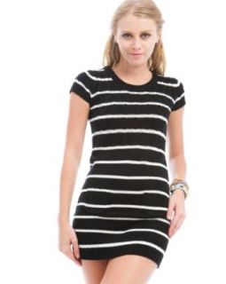 247 Frenzy Cable Knit Striped Sweater Dress   Black Ivory (Small) at  Womens Clothing store