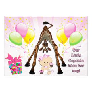 Cute Giraffe & Baby Girl with Cupcakes Baby Shower Custom Invites